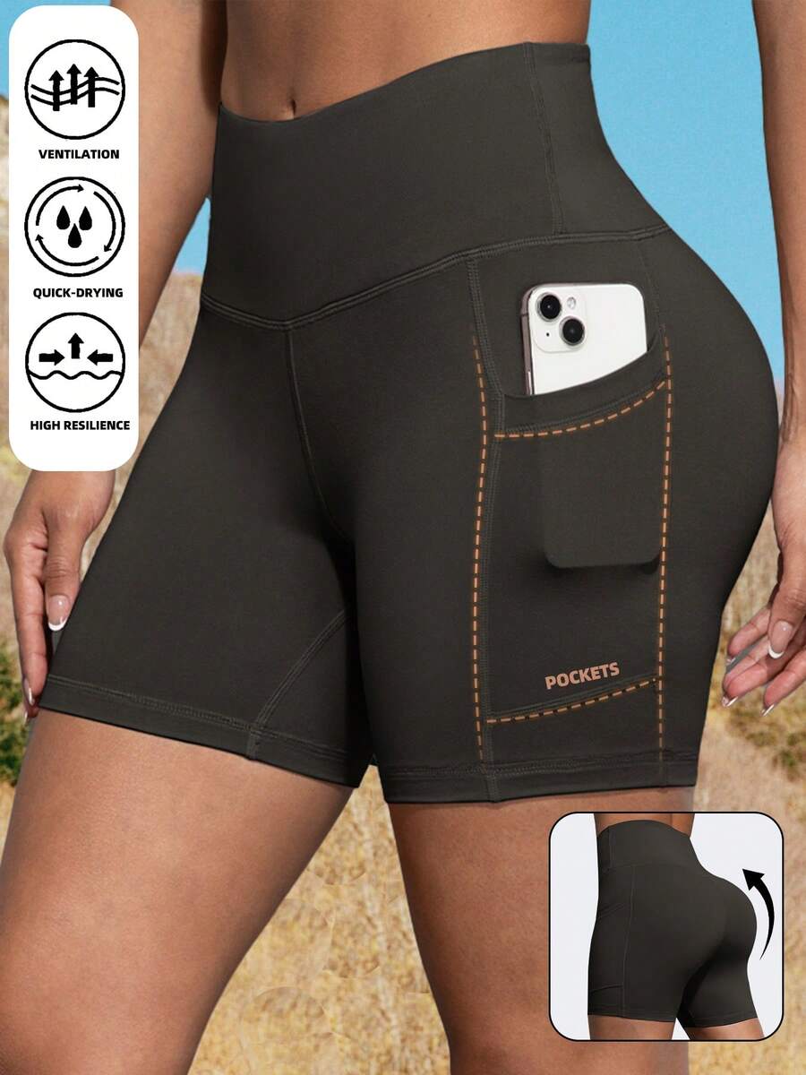 Women's Outdoor Pocket Sports Shorts, High Waist Lifting Fitness Shorts For Outdoor Exercises - Black - View 1