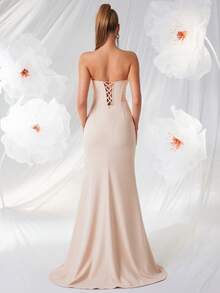 ADYCE Women's Elegant V-Neck Rhinestone Pearl Decor High Waist Slit Backless Maxi Party Dress, Suitable For Ball, Birthday Party, Formal Dinner, Date, Homecoming, Wedding Guest, Formal Gala, Family Gathering And Other Occasions - Apricot - View 2