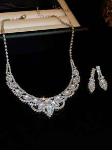 1pc Gorgeous Sparkling Crystal Leaf Pendant Adjustable Necklace + 1 Pair High-End Rhinestone Leaf Earrings For Women, Suitable For Daily, Wedding, Party, Bridal Gift, Fashion Charm Jewelry Set