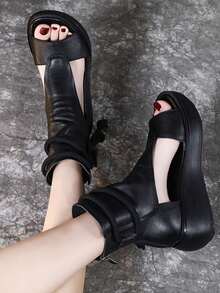 Color sólido casual sandalias de tiras, suela gruesa estilo retro sandalias de las mujeres, la primavera y el verano de viaje botas de tobillo, adecuado para viajes casuales, compras, fiesta y desgaste diario. - Negro - Ver 8