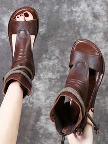 Color sólido casual sandalias de tiras, suela gruesa estilo retro sandalias de las mujeres, la primavera y el verano de viaje botas de tobillo, adecuado para viajes casuales, compras, fiesta y desgaste diario. - Marrón - Ver 7