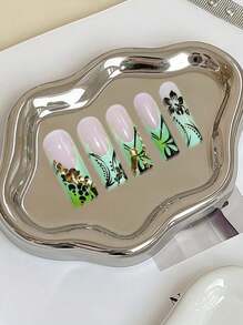 24 piezas Uñas postizas en forma de ataúd con flores teñidas en verde y rhinestones, tamaño largo, con gel de uñas y lima, para mujeres
