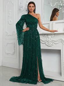 YISIKADO Asymmetrical Neck Split Thigh Sequin Formal Dress Elegant Long Sleeve Prom Evening Wedding Guest Gown, For Graduation, Dinner Party Dress - Màu xanh lá cây đậm - Xem 1