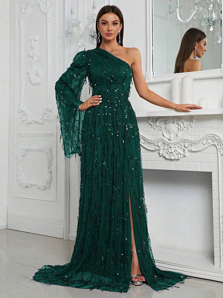 YISIKADO Asymmetrical Neck Split Thigh Sequin Formal Dress Elegant Long Sleeve Prom Evening Wedding Guest Gown, For Graduation, Dinner Party Dress - Màu xanh lá cây đậm - Xem 1