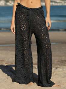 Fisoew Women's Sexy Crochet Beach Pants - Sheer Mesh Coverup With Adjustable Drawstring, Y2K Boho Aesthetic, Wide Leg Palazzo Pants, Hot Girl Summer, Plus Size Available, Resort Wear, Vacation Outfits