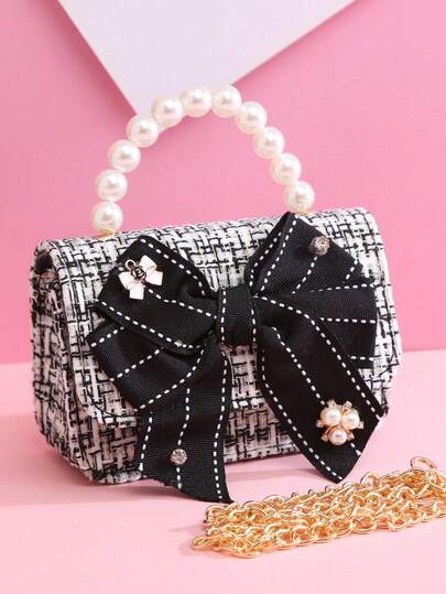 1pc Mini Fabric Bow Pearl Rhinestone Decor Striped PU Snap Closure Chain Strap Fashionable Handbag And Shoulder Bag, Cute Tote Bag Suitable For Holidays, Daily Use And Birthday Gift