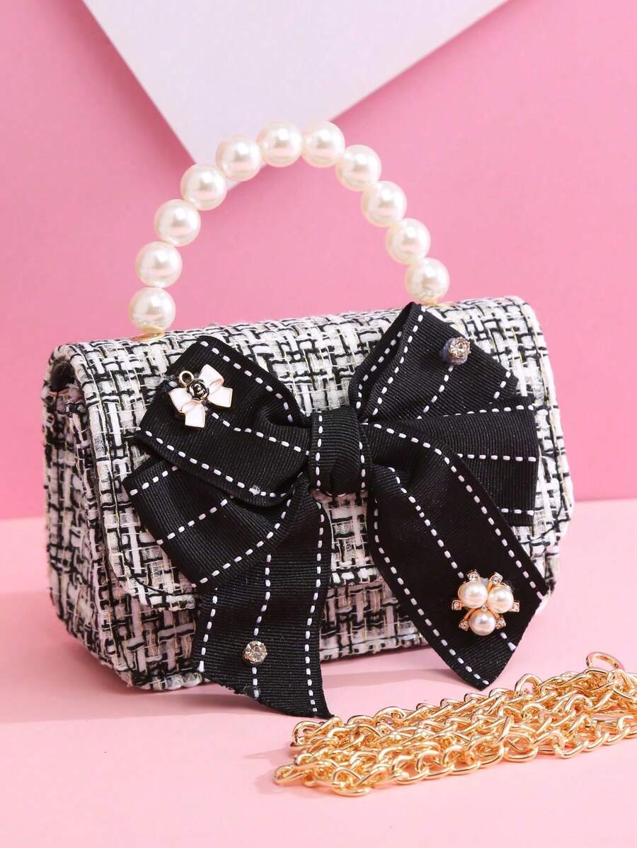 1 chiếc túi xách mini bằng vải, đính nơ, ngọc trai và đá pha lê, chất liệu PU kẻ sọc, khóa bấm, dây đeo dạng xích, kiểu dáng thời trang, thích hợp làm túi tote cho các dịp lễ, sử dụng hàng ngày và quà tặng sinh nhật. - màu đen - Xem 1
