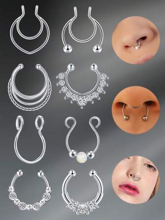 CIZME Anillos falsos de septum aro de acero inoxidable sin perforación con CZ ópalos, joyas falsas de septum, anillos de septum con clip, anillos falsos de nostril septum, joyería corporal para uso diario de mujeres, aro falso de herradura ajustable para nariz