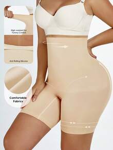 女式高腰弹力修身紧身裤，超柔软单层，膝盖长度 - 杏色 - 查看 4