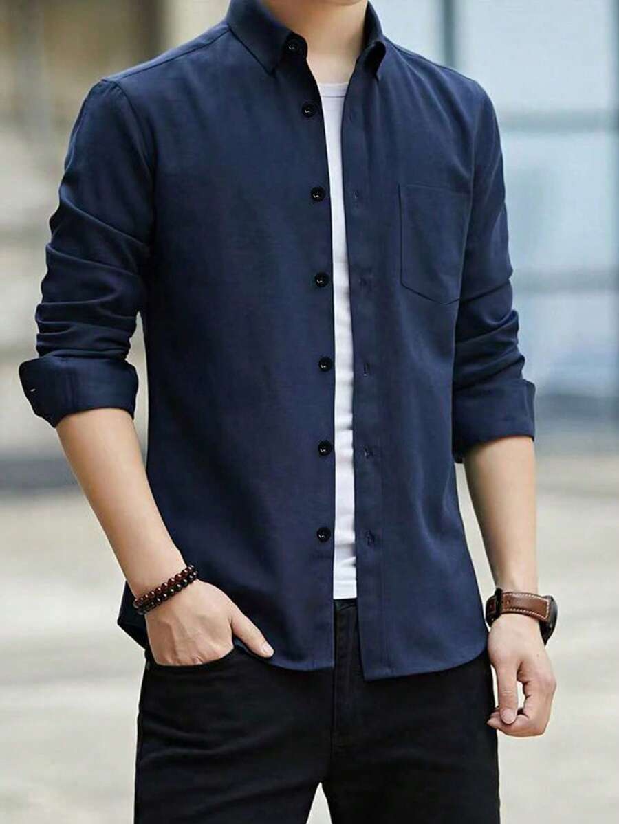 男士纯蓝色长袖休闲衬衫，优雅简约的商务风格，适合秋季