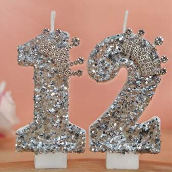 Silver Glitter Number Candles With Luxurious Crown, Suitable For Birthday, Anniversary, Celebration, Party Cake Decoration
