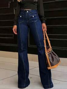 Fall Women Clothes Mid-Waist Skinny Pocket Flared Pants Simple Street-Style With Front Pleats Women's Jeans - Navy Blue - View 4