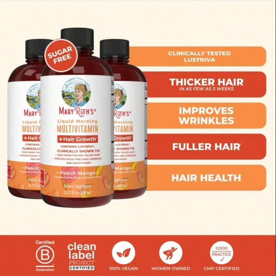 MaryRuth's Liquid Multivitamin With Lustriva – Hair Growth, Skin Smoothness & Daily Wellness | Peach Mango Flavor | Vegan | 15.22 Fl Oz - 3pcs - 查看 1