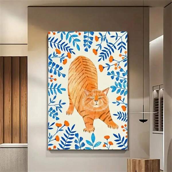 1 pieza Cuadro de arte de pared de lona con un encantador gato naranja con flores, decoración vibrante para dormitorio, oficina o cocina, decoración moderna para el hogar, idea de regalo festivo, arte de pared vibrante para dormitorio, sin marco