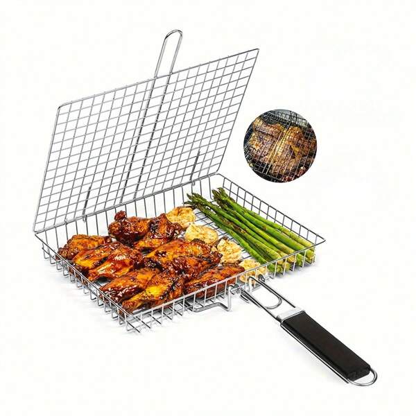 1 Stück schwerer Grillwender mit Griff, für Fleisch, Steak, Garnelen und Gemüse - rostbeständiges Grillbesteck, geeignet für Picknick, Camping - Metall Kochkorb zum Grillen und Wenden
