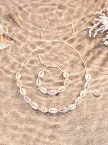 Conjunto de 2 peças de pulseira e colar de argila macia com conchas e flores, estilo boêmio, com estampa de rosa, margarida, estrela, leopardo e arco-íris, joias de praia estilo oceano