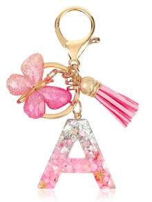 Personalized Bling Monogram Keychain For Women - Resin Letter Charm With Silvery Glitter, Pink Pebble & Gold Star Shaker - Birthday Gifts For Her, Anniversary Present With Pink Tassel & Butterfly Accent Car Accessories Bag Charm School Cute Goth Y2k - Pink - View 16