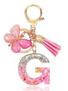 Personalized Bling Monogram Keychain For Women - Resin Letter Charm With Silvery Glitter, Pink Pebble & Gold Star Shaker - Birthday Gifts For Her, Anniversary Present With Pink Tassel & Butterfly Accent Car Accessories Bag Charm School Cute Goth Y2k - Pink - View 18