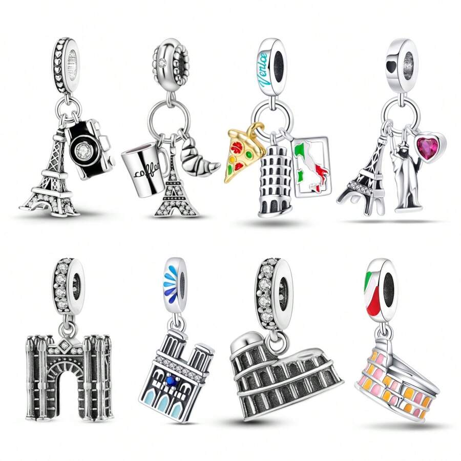A Landmark Building Charm, The Eiffel Tower Charm, The Italian Pizza Leaning Tower Pendant, The Colosseum Building Silver Color Charm, Suitable For Diy Women'S Bracelet Jewelry Making Pendant, Suitable For Men And Women Jewelry Gifts