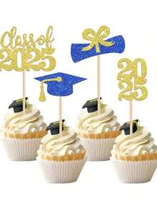 4/12/24 件/套 2025 届毕业纸杯蛋糕装饰 - 鲜艳的闪光帽子和文凭设计，优雅的木制毕业派对甜点选择，无羽毛，无需电源，庆典装饰|庆典主题|耐用的竹子材料，毕业蛋糕装饰，蓝色和黑色，黑金色 - 彩色 - 查看 10