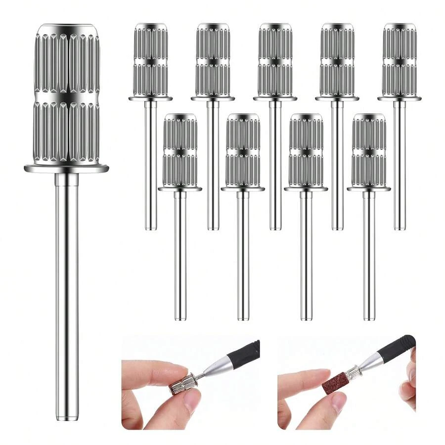 10 piezas de brocas para taladro de uñas, aptas para bandas de lijado de 3/32", brocas de repuesto para taladro de uñas para herramientas de manicura de lima eléctrica - Plateado - Ver 1