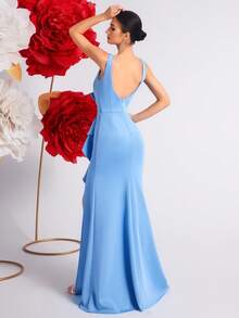 Elisanya Vestido de fiesta, formal y de novia con corte alto, volantes, abertura y espalda descubierta, en unicolor - Celeste - Ver 2