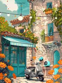 1pc Modern Scooter Landscape Posters Summer Italian Scooter In Front Of Coffee Prints Canvas Painting Wall Pictures Home Room Decor, Wall Art With Frame