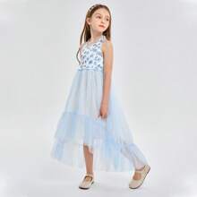 Little Girls' Ruffled Tulle Summer Dress With Floral Print Garden Parties