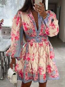 Vestito estivo da donna in stile retrò ed elegante, con collo alla coreana in pizzo, maniche a lanterna e stile bohémien