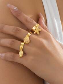 3pcs/Set Fashionable Casual Beach Style Starfish, Shell, Conch Rings, Suitable For All Seasons And Beachside Vacation - Ocean Series - View 11