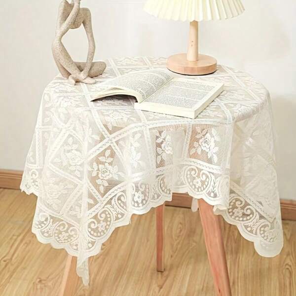 Elegant Beige Square Lace Tablecloth With Intricate Floral Pattern - Vintage European Style, Polyester, Machine-Woven For Weddings, Parties, And Home Decor, Thanksgiving Table Decor_European Style Tablecloth_Detailed Lacewor
