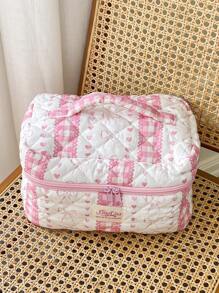 1 Piece Plaid Lace Quilted Pink Zipper Bag Sweet Style Large Capacity Bow&Love Portable Zipper Makeup Bags Fashionable Portable Makeup Bag, Multi-Functional Storage Bag For Lipstick, Sanitary Napkin, Coins, Keys Etc Women Skincare Organizer Bag Print Flower Makeup Organizer Storage Bag Graduation