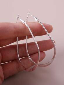 一对银色细线大水滴环耳环 - 鍍白K色的 - 查看 5