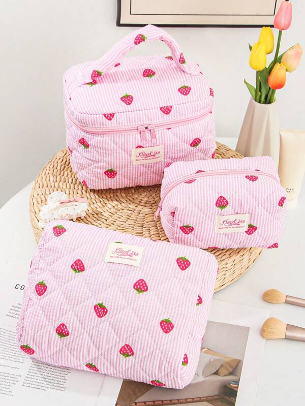 1 Pezzo Fresco e Carino Set di Borse Trucco a Fragola, Borsa da Toilette da Viaggio Trapuntata Portatile, Stile Carino e Semplice, Borsa Cosmetica Rosa, Borsa Estetica da Toilette da Viaggio, Organizer per Trucco di Grande Capacità, Borsa Cosmetica Stile Dolce con Cerniera, Regalo di Natale, Regalo di San Valentino, Regalo di Compleanno per Amici