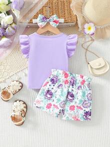 Bộ 2 món áo thun cổ tròn tay lỡ in chữ màu tím cho bé gái mùa hè và quần short nơ hoa nhỏ màu tím - Màu tím - Xem 2