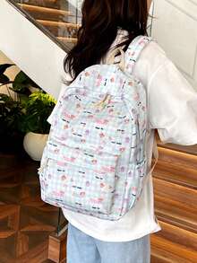 1pc Casual Versatile Backpack With Contrasting Plaid Pattern & Cute Dog Graphic, Large Capacity, Zipper Closure, College Style - Blue - View 3