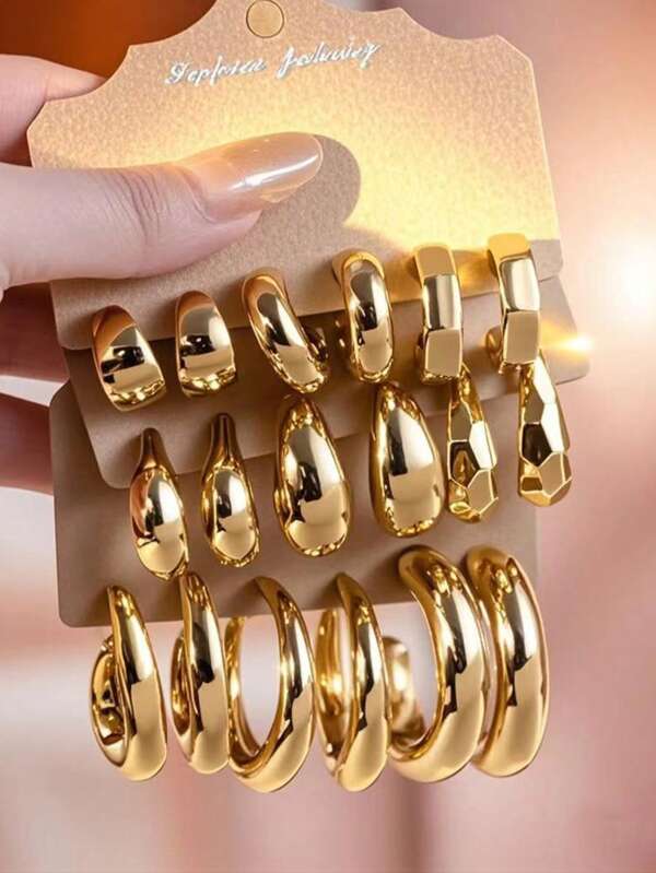6pcs/18pcs Metallic Geometric Fashion Earrings Set For Women, Style B