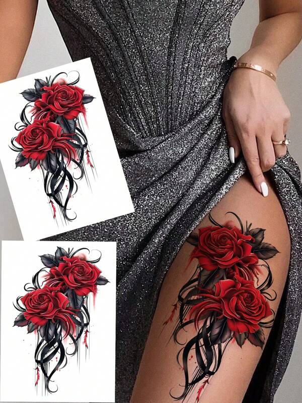 2pcs Temporary Red Rose Tattoo Stickers For Arm & Leg, Sexy Stripper Chest & Thigh Design, Waterproof, Perfect For Women