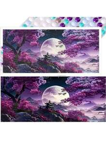 Pintura de Diamante 5D, Conjunto de Pintura de Pedras de Diamante de Paisagem Abstrata Moderna, Pintura de Diamante de Paisagem com Bottom Roxo, Lua e Árvore, Pôster para Decoração de Parede da Sala de Estar e de Casa