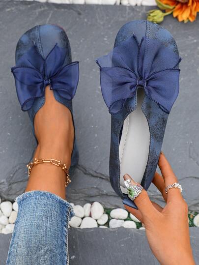 女士休闲纯色软底圆头芭蕾平底鞋，蝴蝶结装饰时尚一脚蹬乐福鞋
