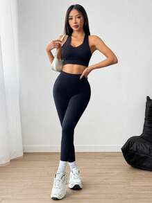 1pc Solid Color High Waist Tight Yoga Sports Leggings