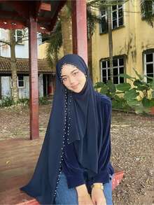 1pc Women Muslim Hijab, Solid Color Chiffon Scarf With Exquisite Pearl Chain Trim, Suitable For All Seasons Daily Wear - Dark Blue - View 2