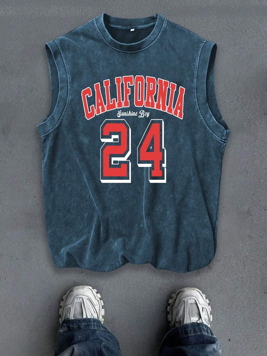 卓天喜 - 男士水洗“篮球风格 - 篮球传奇24”做旧圆领背心 - 藍色 - 查看 1