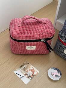 1 件绗缝爱心网格大容量女孩化妆包带手柄，方便携带，女士旅行化妆包，化妆品，护肤品，洗漱用品收纳包 - 彩色 - 查看 10