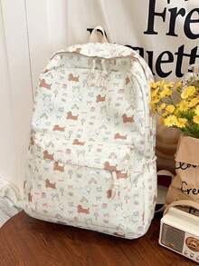 1pc White Nylon Double Zipper Puppy Print Stylish & Versatile Large Capacity Backpack, Suitable For Students - White - View 3