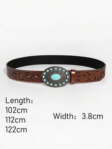 1pc Women's Brown Agate Round Buckle Floral Embossed Belt, Versatile Jeans Accessory Fall, Autumn, Halloween - Brown Blue Agate Disc - View 4