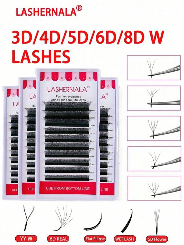 Extensions de cils LASHERNALA - 10 rangées 3D/4D/5D/6D/7D/8D/YY/5D Fleur/WET LASH/Ellipse plate/6D avec éventails pré-assemblés Style W Faux vison naturel doux Bloom Lash Volume à fleurissement automatique
