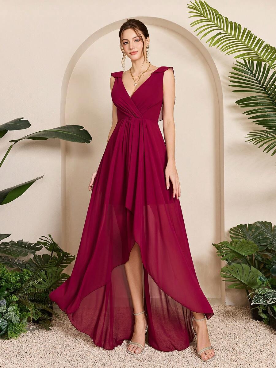 Asymmetrical Ruched Chiffon Elegant Bridesmaid Dress - Red Violet - View 1