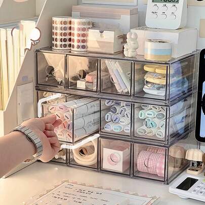 1 件 4 格亚克力多用途桌面收纳盒，容量大，适用于文具、化妆品、钢笔、记号笔、学生和办公室使用