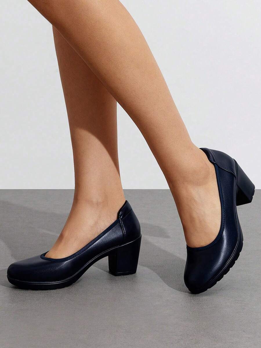 Women's Chunky Round Toe Low Block Heels Work Pumps Elegant Comfortable Solid Color Slip On Wedding Office Gift Festival Shoes - Navy Blue - View 1